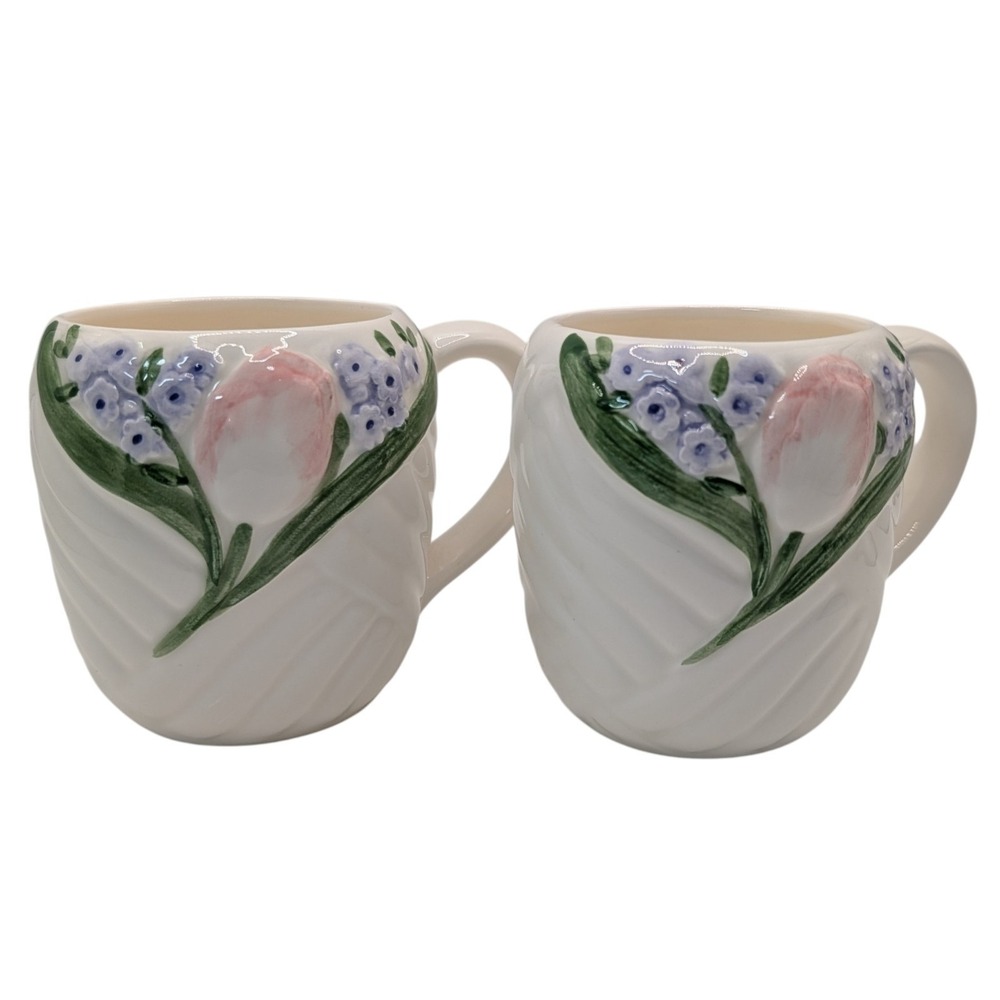 Mary Ann Baker Otagiri Coffee Mugs Tulip Garden Handcrafted Japan Set of Two